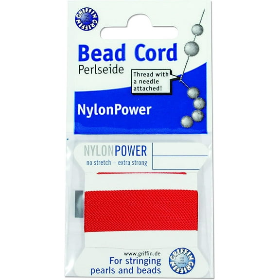 Griffin - Nylon Bead Cord Perlseide - Red Color - Size 0 (0.30mm) - 2 Meters per Card - Stainless Steel Needle Attached - for Knotting Pearls, Gemstones, Crystals and Beads