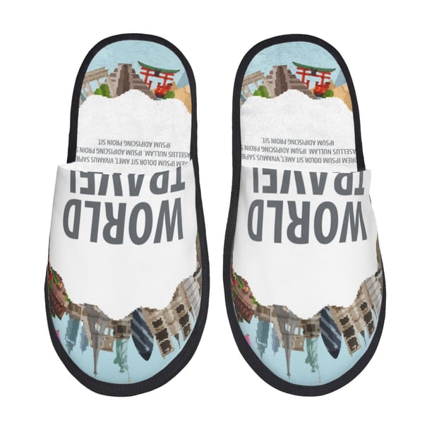 Balery World Travel Pantuflas de Casa de Felpa Silenciosas con Diseño Estampado, Zapatillas Cómodas Antideslizantes de Algodón para Interior-Large