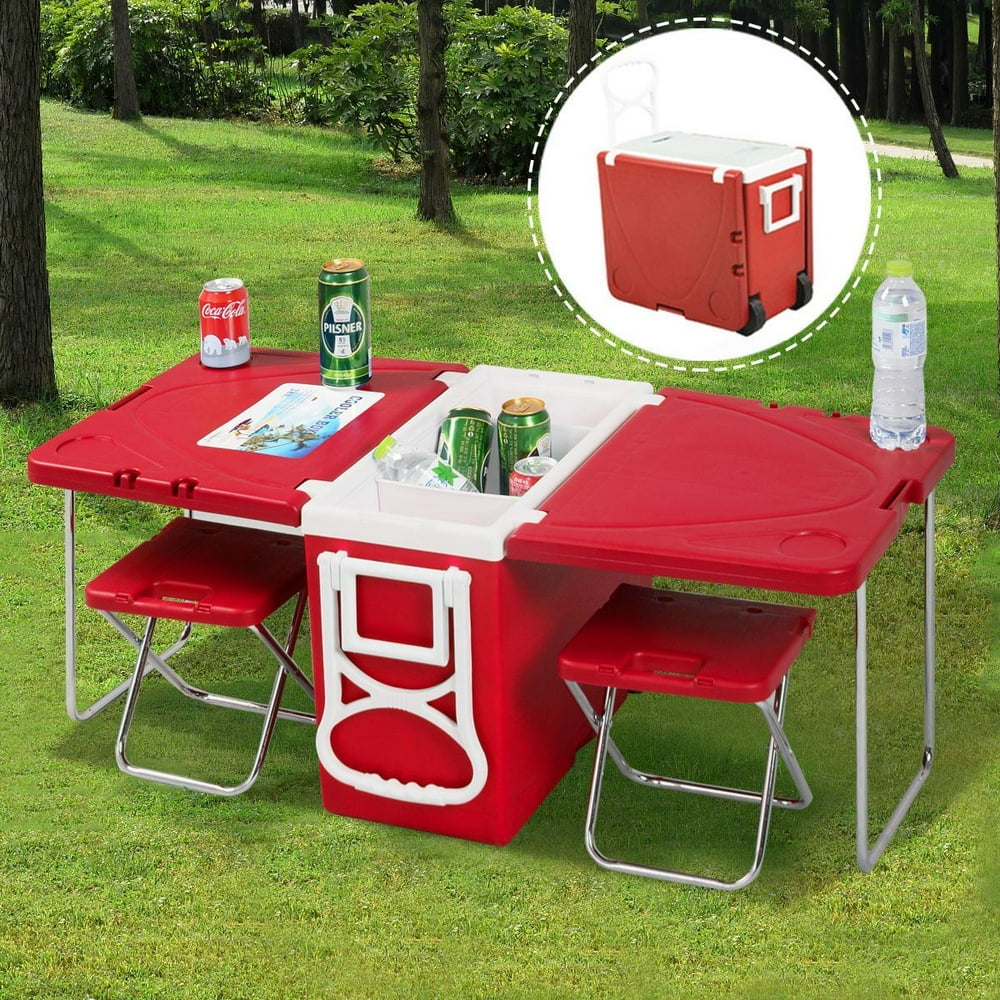 Outdoor Picnic Camping Rolling Cooler with Table and 2 Chairs Red