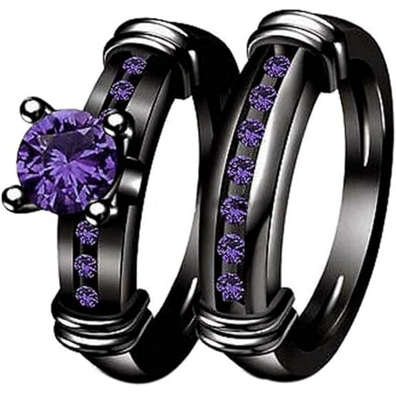 Dazzlingdaimonds Jewels 925 Sterling Silver 2.30 Ct Round Cut Amethyst Wedding Engagement Thanksgiving Christmas Bridal Ring Set 14K Black Gold Plated For Women's -7.5