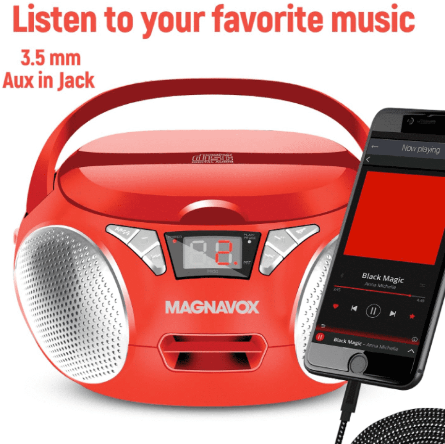 Magnavox Portable CD Boombox with FM Stereo Radio, Top-Loading CD Player, AUX Input, LED Display, AC/DC Power, Battery Operated Boombox, Red