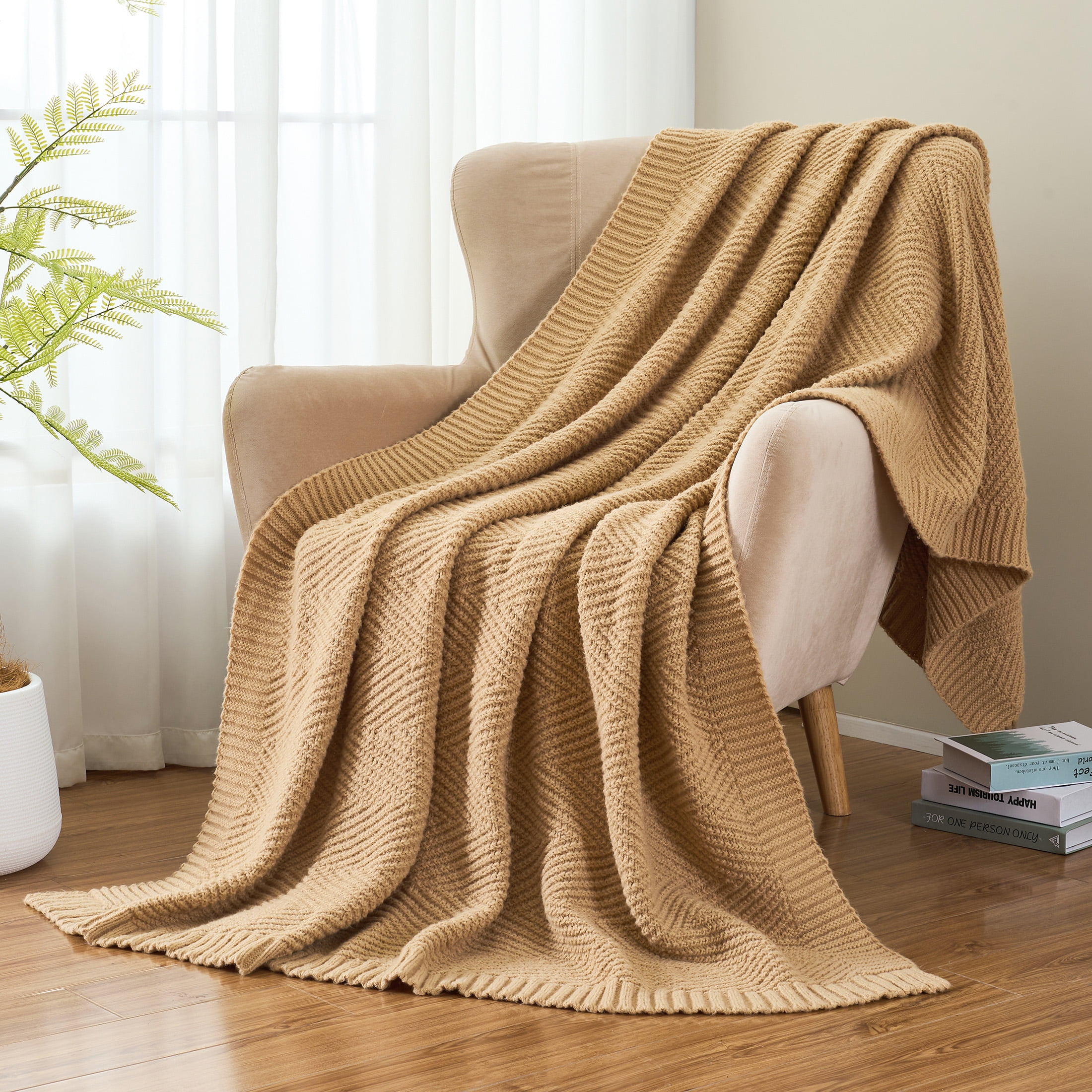 LONG CREATE Soft Knitted Throw Blanket 60" x 80" Tan Brown, Boho Chevron Farmhouse Throw for Bed Couch
