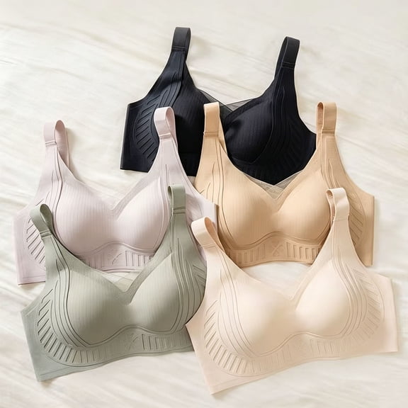Womens Wireless T-Shirt Bra, Full Coverage Seamless V-Neck Bras with Adjustable Straps, Light Support Comfort Bra | VerBelle,Beige L