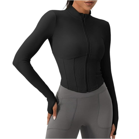 Active Women's Cropped Full Zip Workout Jacket Long Sleeve Slim Fit Athletic Jacket Stretch Sports Gym Thumbhole Tops