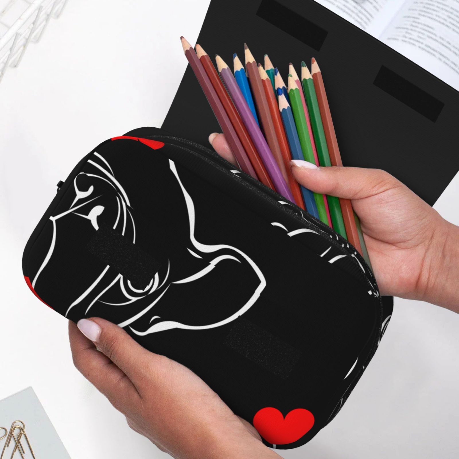 Rateoe French Bulldog Pattern Double Clamshell Pen Case, Storage Organizer with Two Zipper Compartments– Holds Up to 50 Pencils & Pens