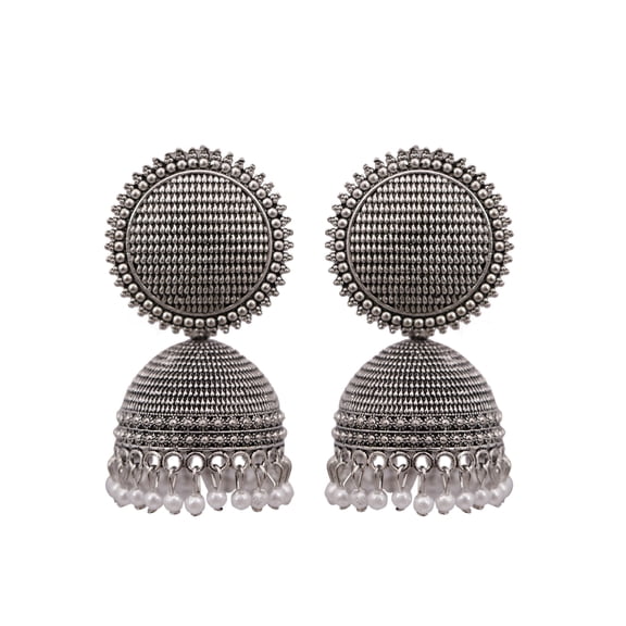 Crunchy Fashion Bollywood Jewellery Traditional Ethnic Bridal Bride Wedding Bridesmaid Oxidised German Silver Round Check square Design Jhumka Earrings