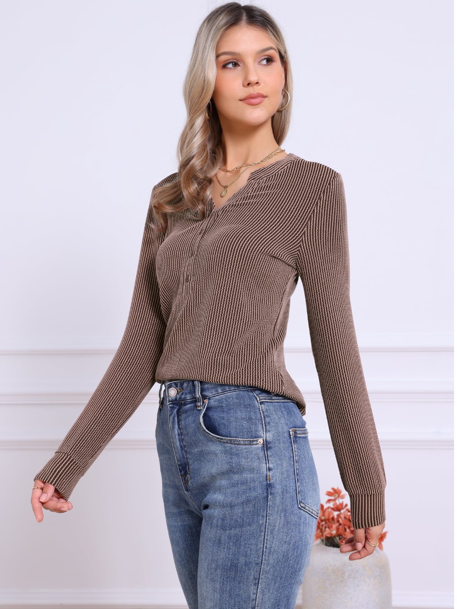 DARING DIVA Women's Knitted Long Sleeves Button Up V Neck Trendy Blouse M Brown