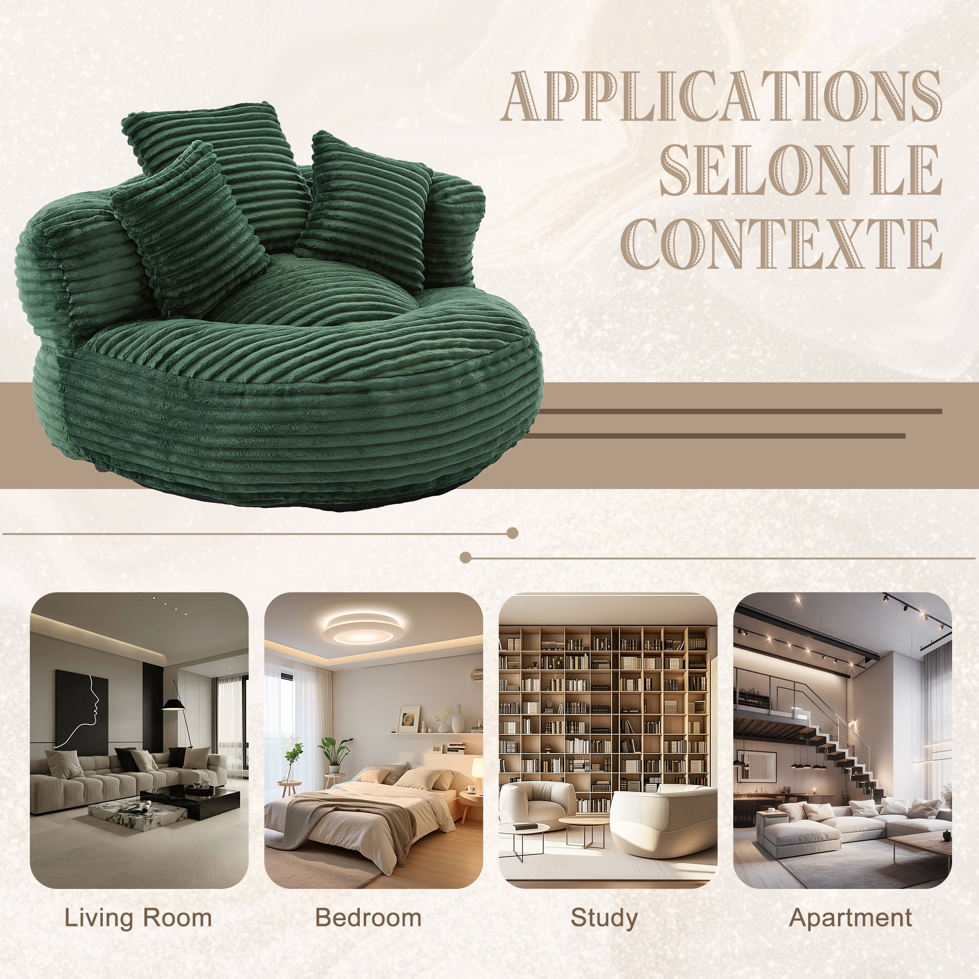CKEASEAN Oversized Bean Bag Chair for Adults with Armrests & 3 Pillows, Corduroy Bean Bag Sofa with Memory Foam Filler, Lazy Floor Chair No Assembly, Comfy Lounge Seat for Living Room Relaxing