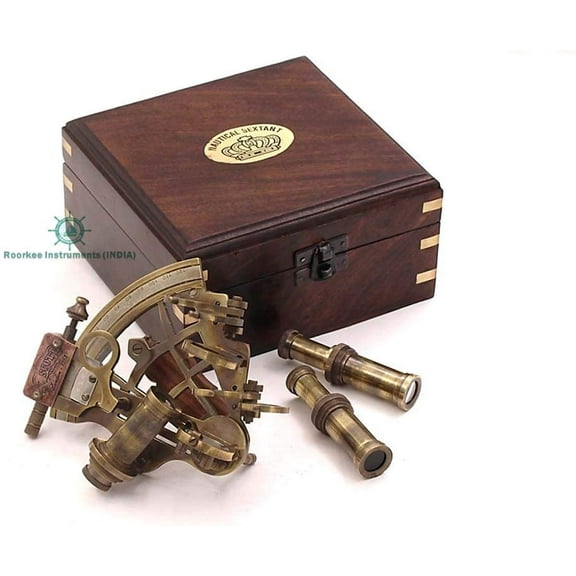 RII J. Scott London Nautical Brass Pocket Sextant, Astrolabe Sextant Tool with a Wooden Box, Galactic Gifting