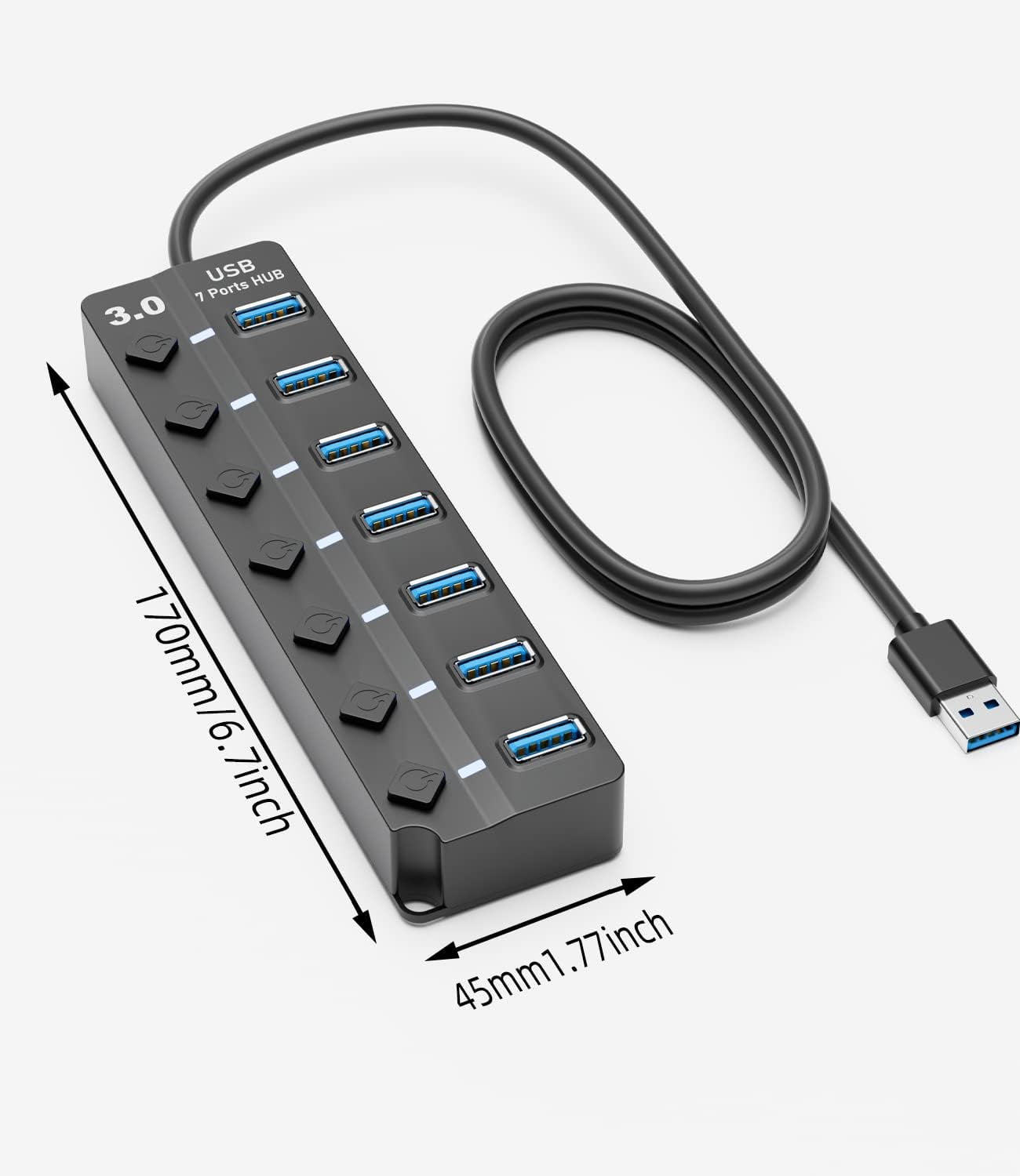 USB 3.0 Hub, 7-Port USB Data Hub Splitter with 3ft Long Cable USB Extension for Laptop,PC Computer,Surface Pro, PS4/5, Flash Drive, Mobile HDD - with LED Individual On/Off