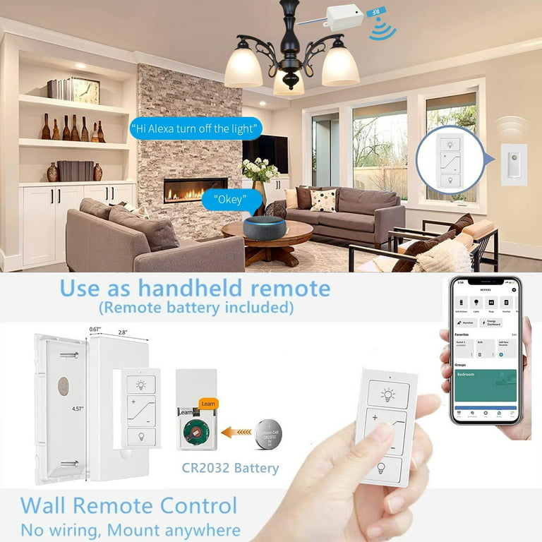 Smart Wireless Light Switch and Receiver Kit,Brightness Adjustable,120ft RF  Range No Wiring Mini Remote Control with Wall Plate,Voice