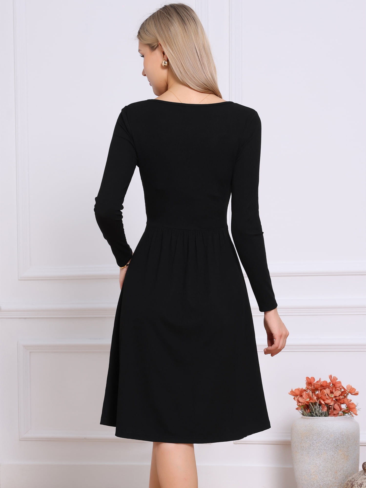 DARING DIVA Women's Knit Long Sleeve Crew Neck High Waist A-Line Dress L Black