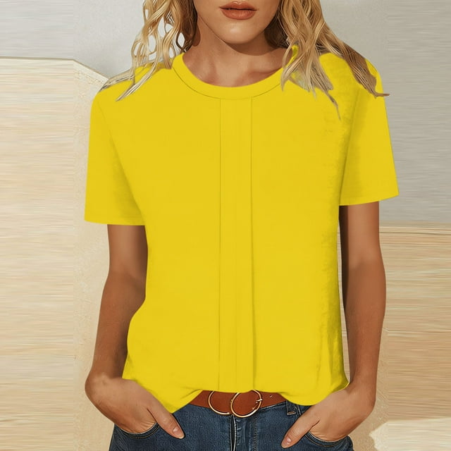 HongQid Womens Tops Summer Short Sleeve Crewneck Pleated T Shirts Fashion Basic Tee