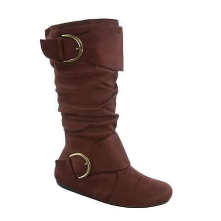 

Zone 70 Women s Comfort Zipper Buckle Slouch Casual Flat Heel Mid Calf Round Toe Boots ( Brown 9)