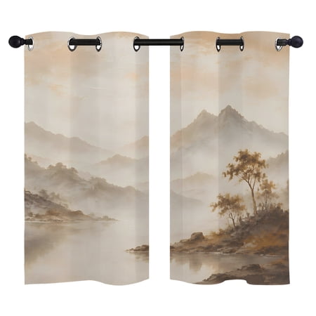Mountain Landscape Blackout Curtains 39 Inches Long Zen Mist Mountains Charcoal Ink Wash Texture Thermal Insulated Room Darkening Drapes with Grommets for Living Room 27.5 W x 39 L 2 Panels