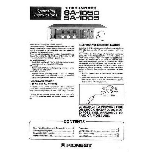 Instruction Manual ONLY for Pioneer SA-1050 Amplifier Owners Manual REPRINT