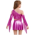 thumbnail image 2 of TSSOE Kids Girls 2 Piece Sequin Jazz Dance Outfit Long Sleeve Metallic Fringed Crop Top and Mini Pleated Skirts Set Hot Pink 14, 2 of 7
