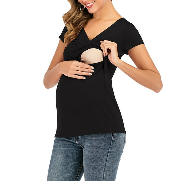 Blusa Con Capucha de Mujer de Maternidad Top de Lactancia Con Cuello en V Manga Corta Color Sólido de Moda Odeerbi ODB123361