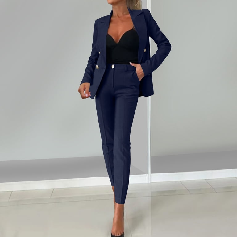 navy blue dress pants womens outfit QATAINLAV Women's Suit Office Wear with Suit Jacket Ladies Long Sleeve Blazer and Slim Pencil Pants 2 Piece Matching Sets, Navy, XXL RebajasSS26 Cocomelody Wedding Dresses for Size:17