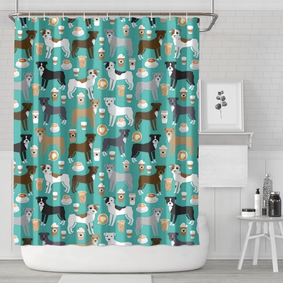 Cute Pitbull Terriers Dog and Coffee Shower Curtain 72"x84" ,Bathroom Decorative Shower Curtains Set with 12 Hooks,Modern Waterproof Washable Shower Curtain