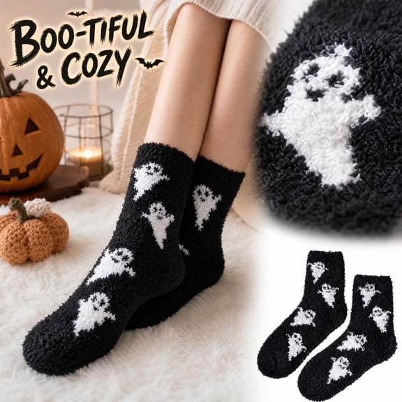 Fuzzy Crew Socks for Women Coral Fleece Halloween Funny Novelty Bat Cozy