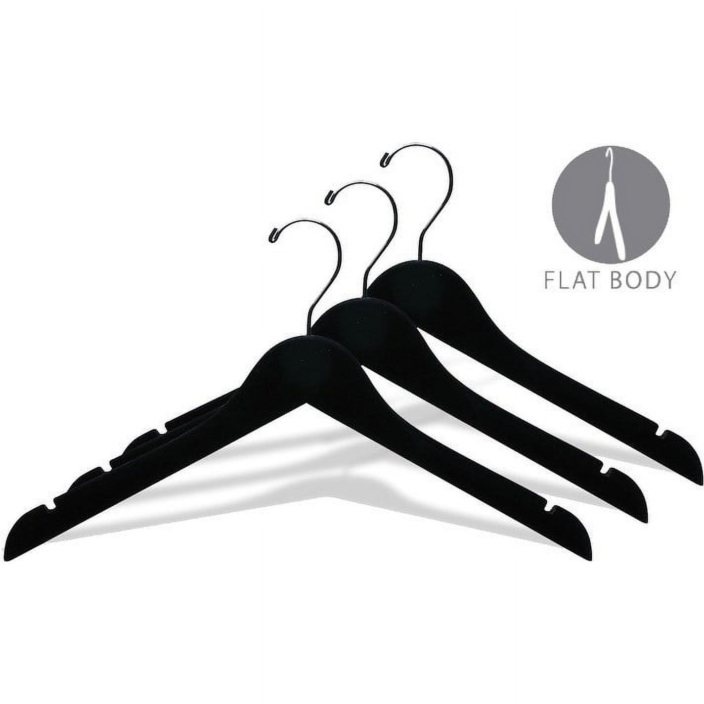 International Hanger Black Velvet Wood Top Hangers, 17" Space-Saving Flat Wooden Hangers, Chrome Swivel Hook, Notched, Box of 50