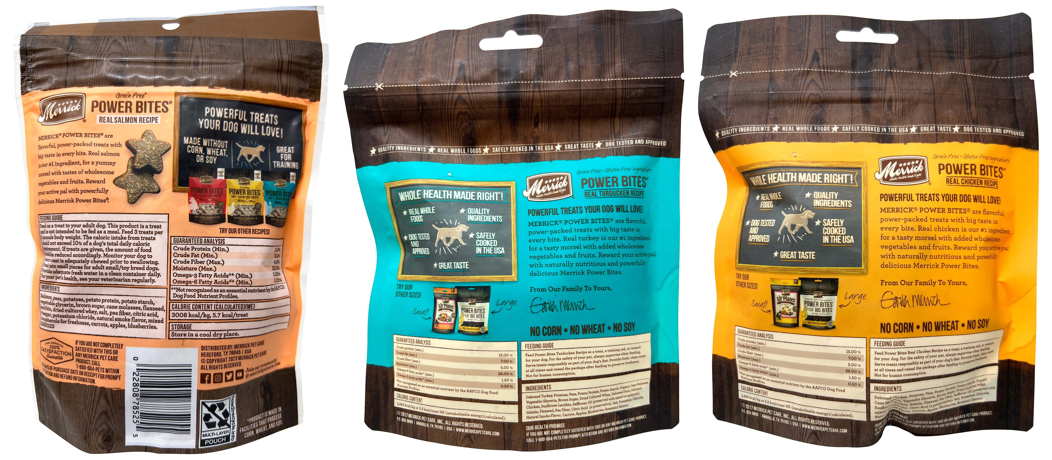 Merrick Power Bites Grain Free Soft Chewy Dog Treats 3 Flavors (1) Each: Real Chicken, Salmon, Turducken | MerlinsMart Zine | Rope Toy