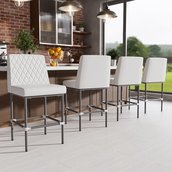HomeZeer Counter Height Bar Stools Set of 4, 26" Industrial Kitchen Bar Stools with Back, 350lbs Modern Leather Barstools with Square Padded Seat and Painted Metal Frame for Kitchen Island, White