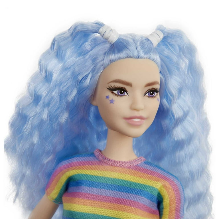 Barbie Fashionistas Toy Doll 170 Long Blue Crimped Hair Star Face Makeup Striped Tee Walmart