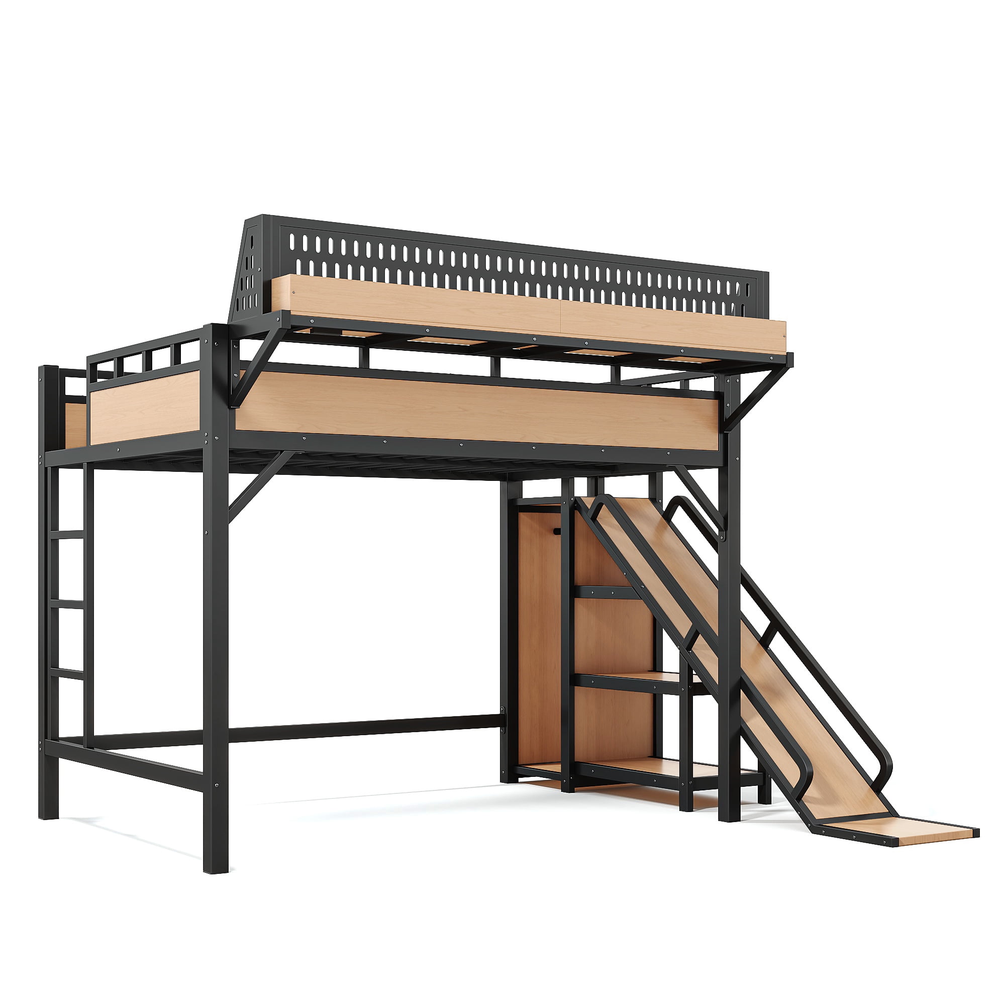 Aukfa Full Size Loft Bed with Slide, Shelves, Wardrobe, USB Ports & LED Lights, Heavy-Duty Metal Bed Frame for Kids Teens Adults, Natural
