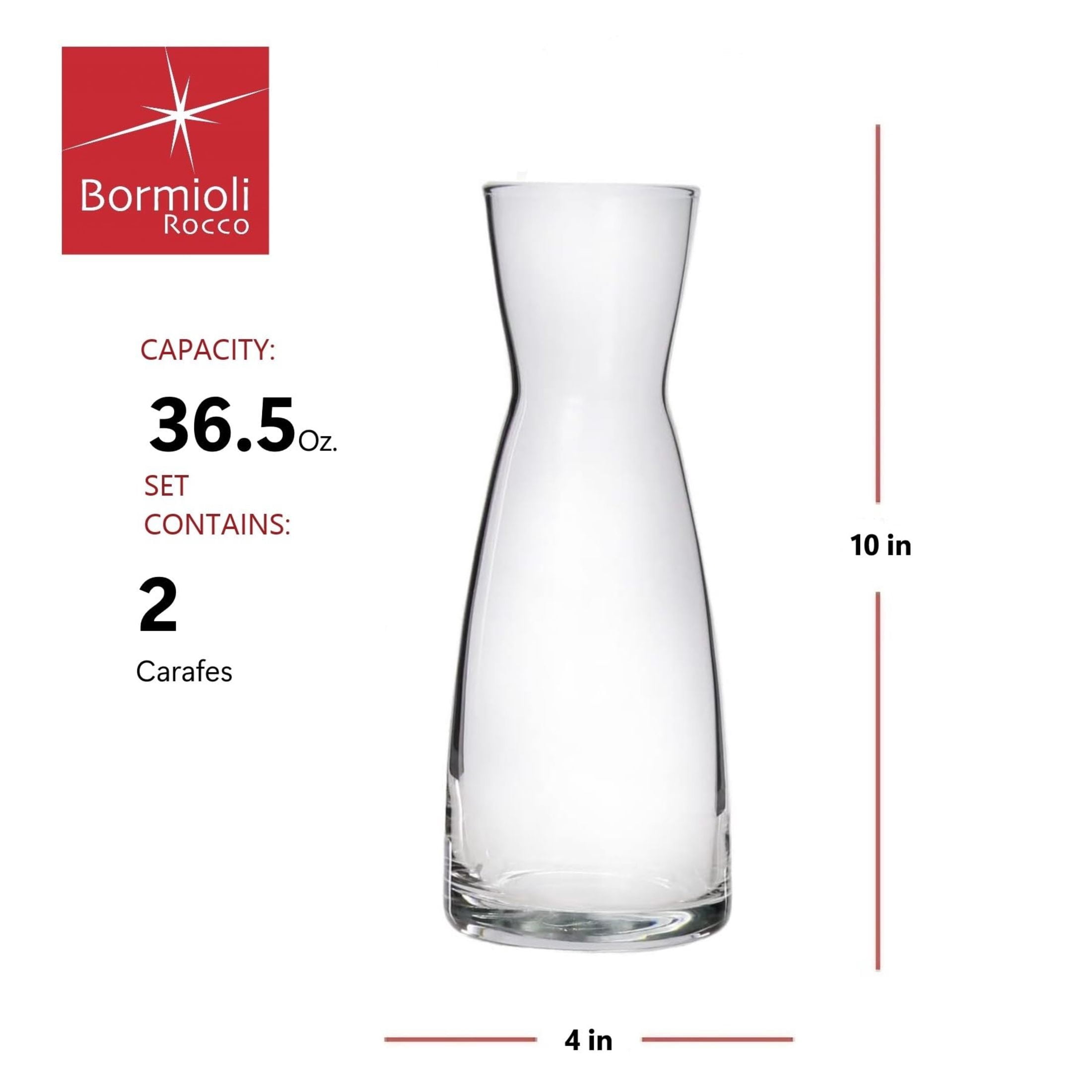 Bormioli Rocco Set Of 2 Ypsilon Carafe, 36.5 Oz. Star Glass Pitcher For Water, Juice, Ice Tea Or Wine, Made in Italy.