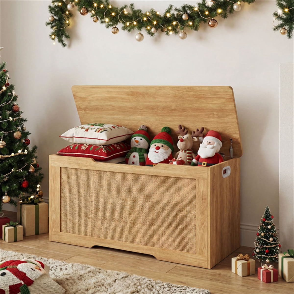 39 Gallon Natural Wooden Toy Box Storage Chest with Soft Close Lid Rattan Look Kids Storage Bench 350 lbs Weight Capacity for Playroom Bedroom Entryway