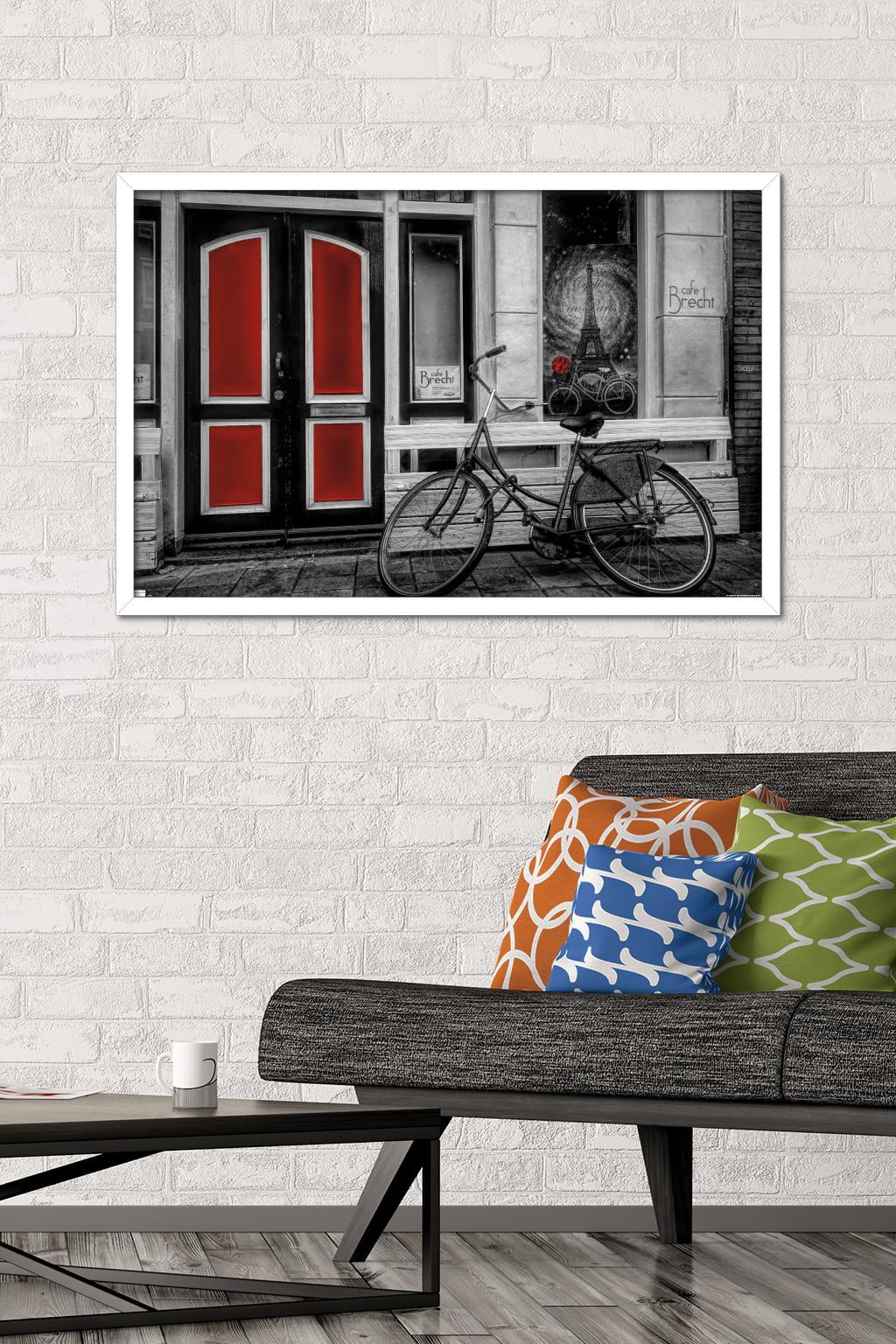 City Bike in Black and White Color Selected Red Wall Poster, 22.375" x 34" Framed