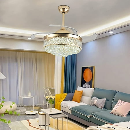 

Fichiouy 42 Crystal LED Chandelier Invisible Hanging Fan Light Ceiling Lamp with Remote Control for Bedroom Gold