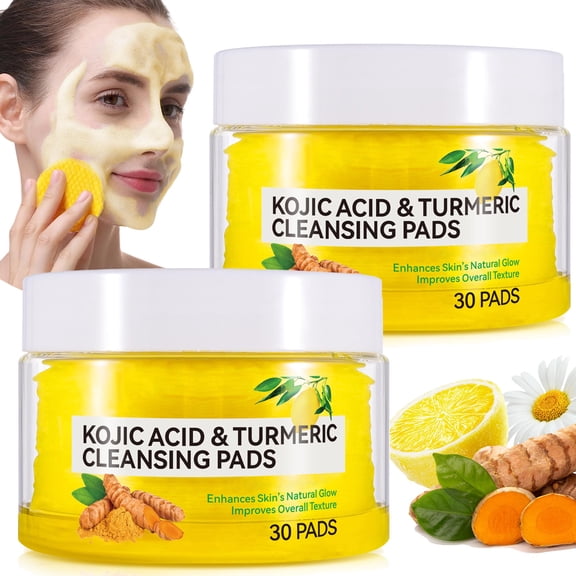 (2-Pack) Turmeric Kojic Acid Cleansing Pads for Face, Oil Control, Dull Skin, Face Cleansing & Exfoliating Pads, 30 Count