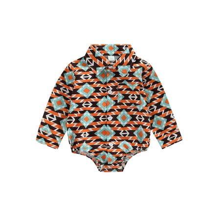 

aturustex Western Baby Boy Clothes Print Shirt Romper Long Sleeve Lapel Button Down Shirt Bodysuit Gentleman 0-24 Months