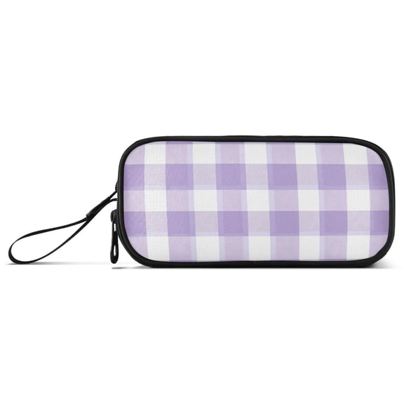 Cute Pastel Purple Gingham Pattern Pencil Case Stationary Holder Pen Bag Pencil Pouch Tool Organizer 3 Compartments
