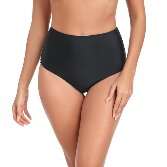 RELLECIGA Women's High Cut Cheeky High Waisted Bikini Bottoms Tummy Control Swim Bottom Full Coverage Underwear Panties Black Swimsuit Bathing Suit Bottom Size Small