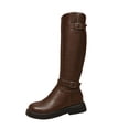 thumbnail image 2 of Women Double Buckle Platform Knee High Riding Boots, Round Toe Flat Low Heel Leather Tall Boots, Adjustable Strap Wide Calf Long Boots Brown 8.5(42), 2 of 9