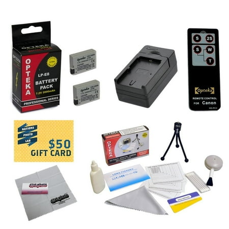 Print Photo Card - 2 Extended Life Replacement Batteries For Canon LP-E8 LPE8 for EOS Rebel T2i T3i T4i T5i DSLR + Rapid Charger + Deluxe Cleaning Kit + Mini Tripod + Wireless Remote Control + $50 Photo Print Gift Card
