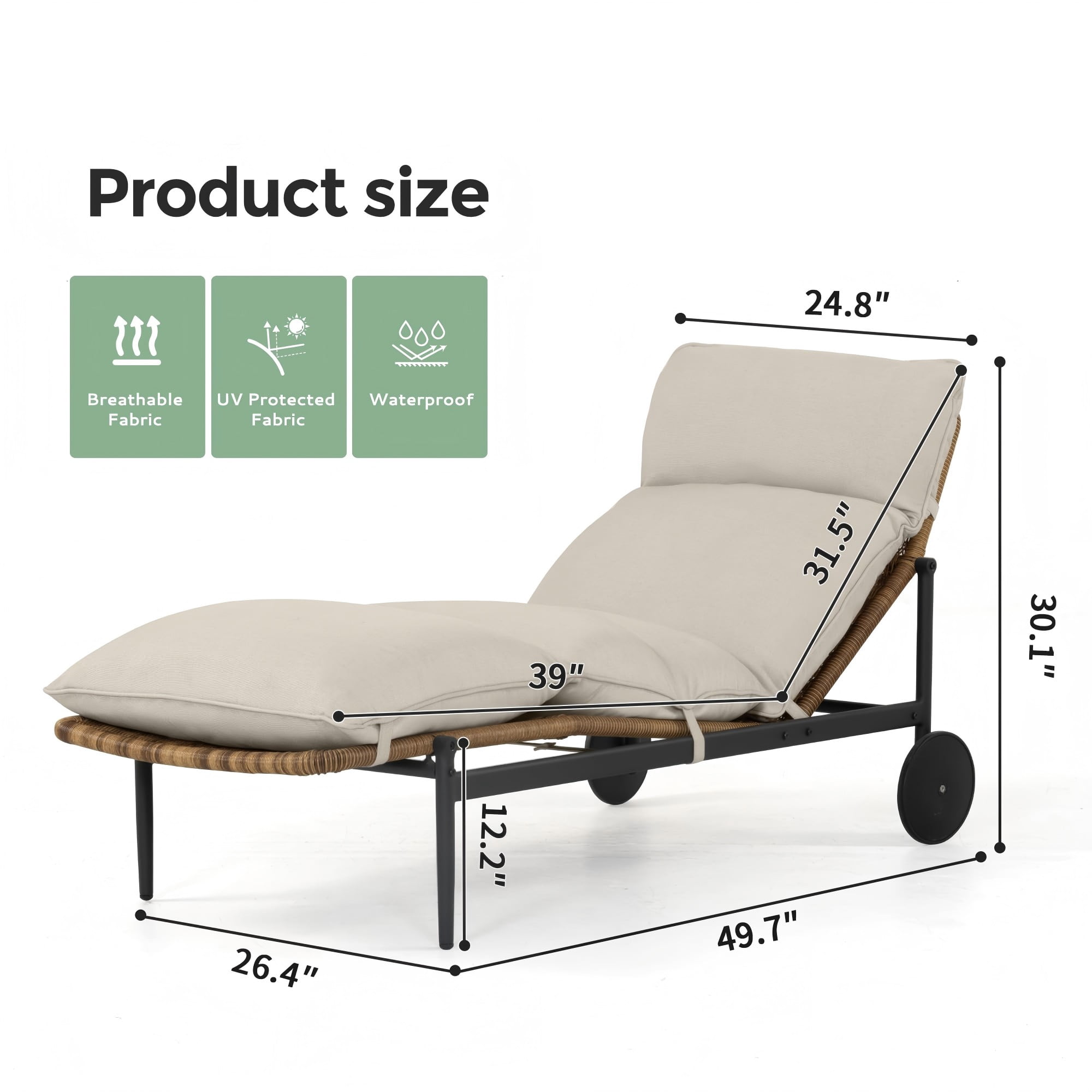 Outdoor Chaise Lounge Chair PE Rattan Wicker Patio Lounger with Cushion Wheels Aluminum Frame Poolside Reclining Chair for Backyard Deck Porch, Beige