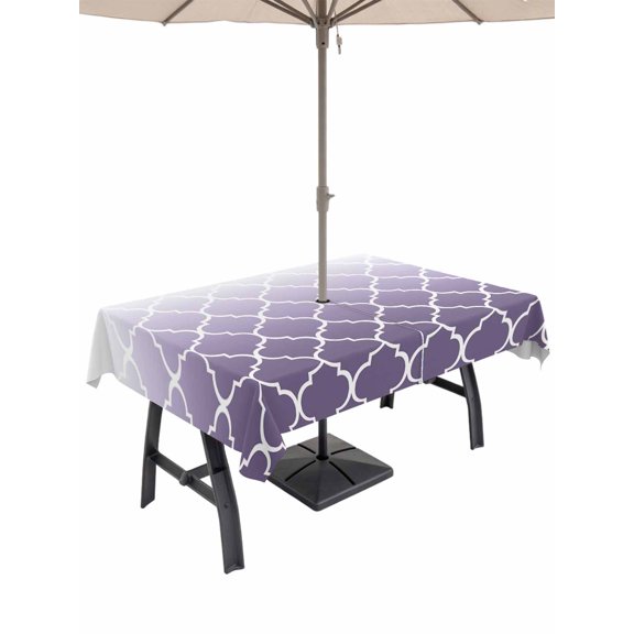 Outdoor Tablecloth with Umbrella Hole, Purple White Ombre Morocco Pattern Waterproof Outdoor Table Cover, Modern Moroccan Geometric Patio Tablecloths for Party Picnic Camping, Rectangle 52"x70"