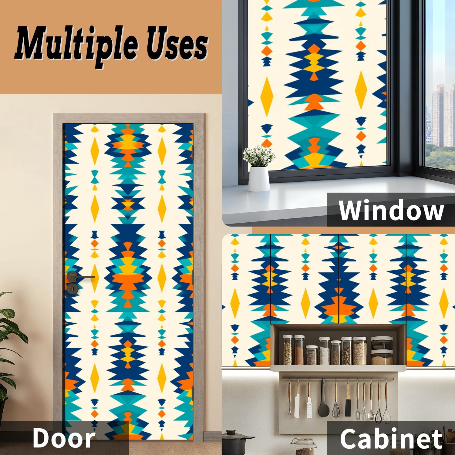 Self Adhesive Vinyl Refrigerator Wrap Set Timeless bohemian diamonds southwestern style blue teal Door Mural Removable Fridge Sticker Peel and Stick&nbsp;Full Door Cover Decal Kitchen Bar Decor