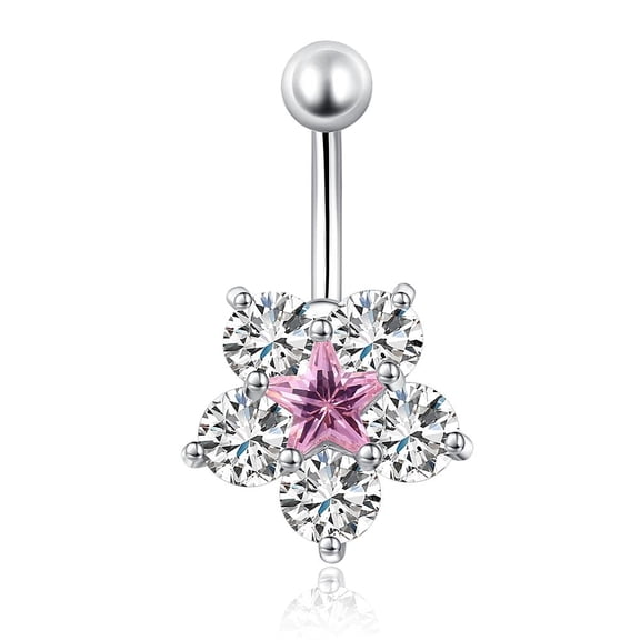 Piercing Jewelry Real Platinum Plated Brass Star Flower Rhinestone Navel Ring Belly Rings Light Rose 29x16mm Bar Length: 3/8"(10mm) Bar: 14 Gauge(1.6mm)