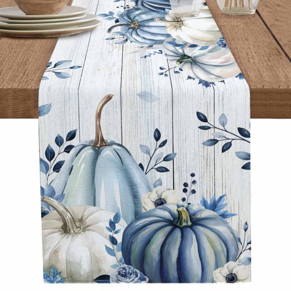 nqOlkjepod Vintage Fall Blue Table Runner 72 Inches Long Farmhouse Dress Scarves, Thanksgiving Botanical Pumpkins Dining Tablerunner for Coffee Table/Kitchen Island/Party Décor, 13" x 72"
