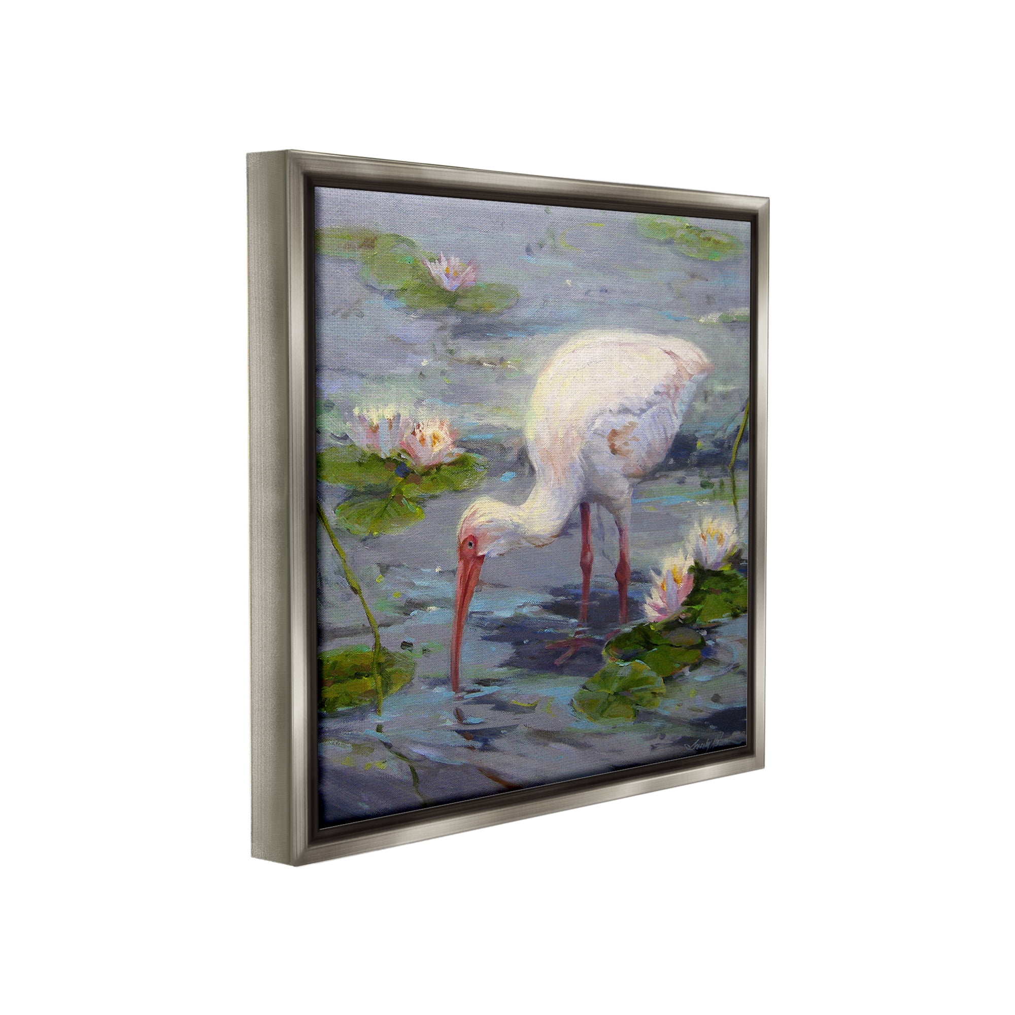 Stupell Industries Water Bird with Pond Lilies Animals & Insects Painting Gray Floater Framed Canvas Art Print Wall Art, 18 x 18