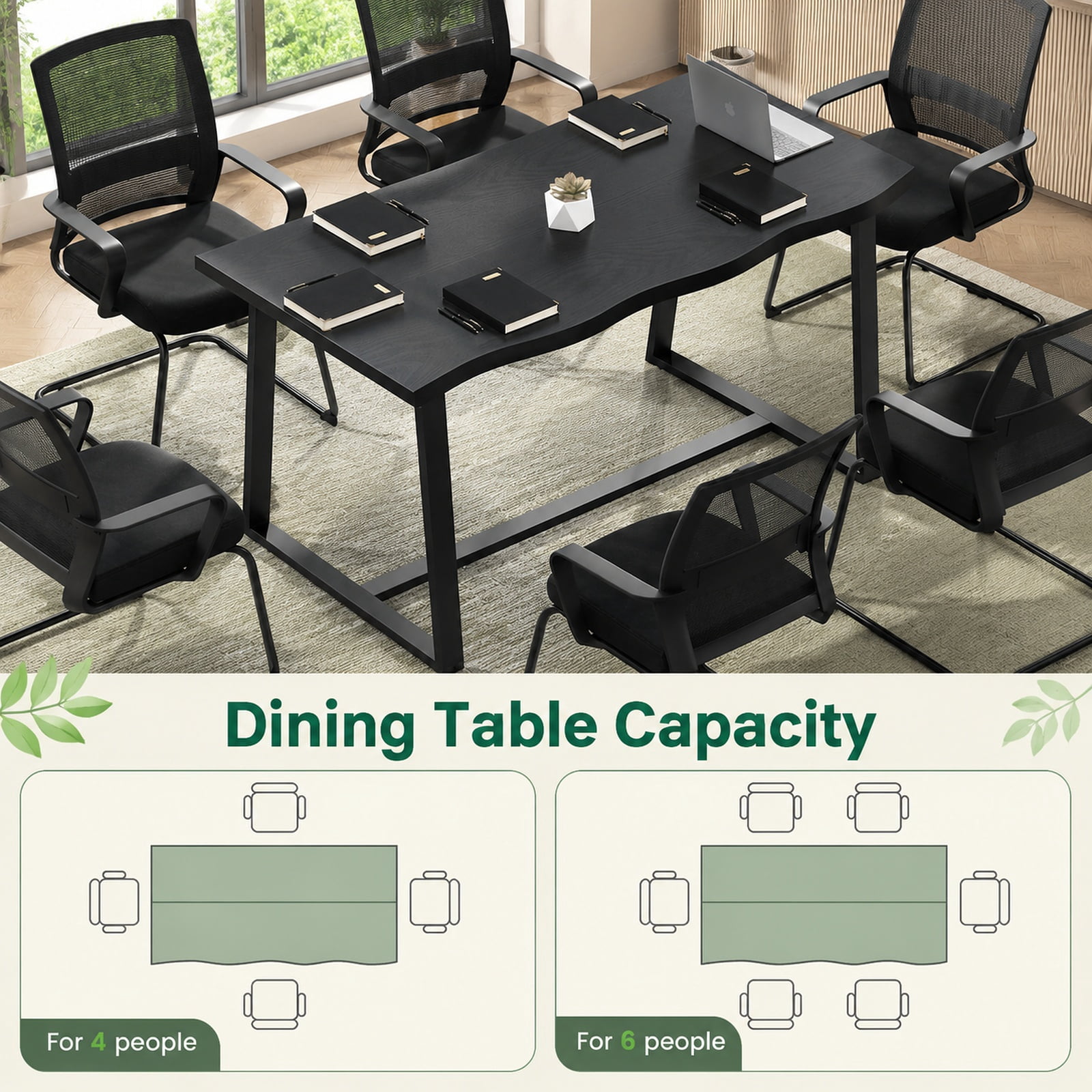 Furnibear 63" Large Dining Table with Wavy Edge and Heavy-duty Metal Frame for Kitchen Dining Room Breakfast Nook Small Space Home, Black