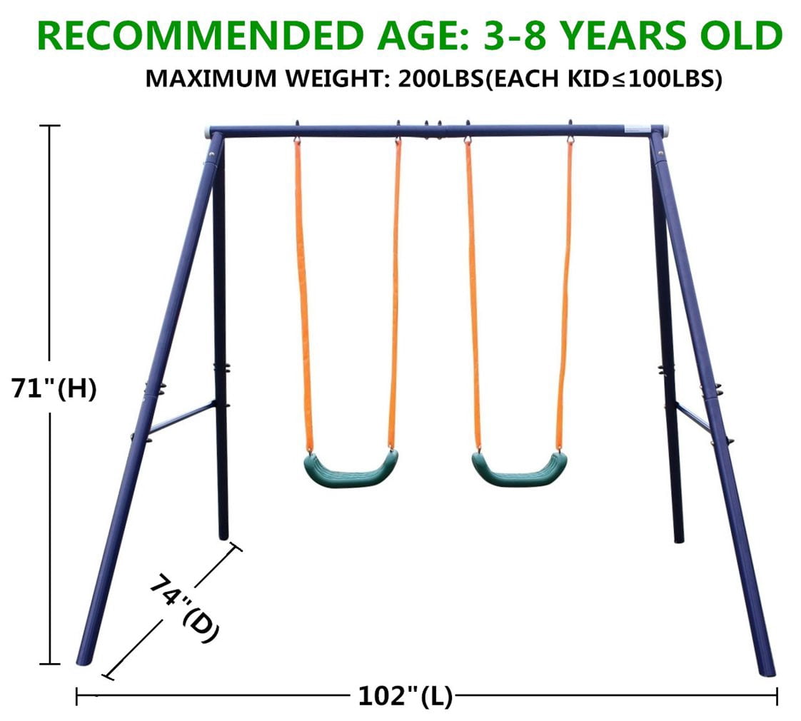 Heavy-Duty A-Frame Metal Kids Bench Swing Set, Weather Resistant Rust-Proof 2-Seater Outdoor Swing for Ages 3-8, Pre-Drilled Frame with Complete Assembly Tools for Backyard Garden Playground