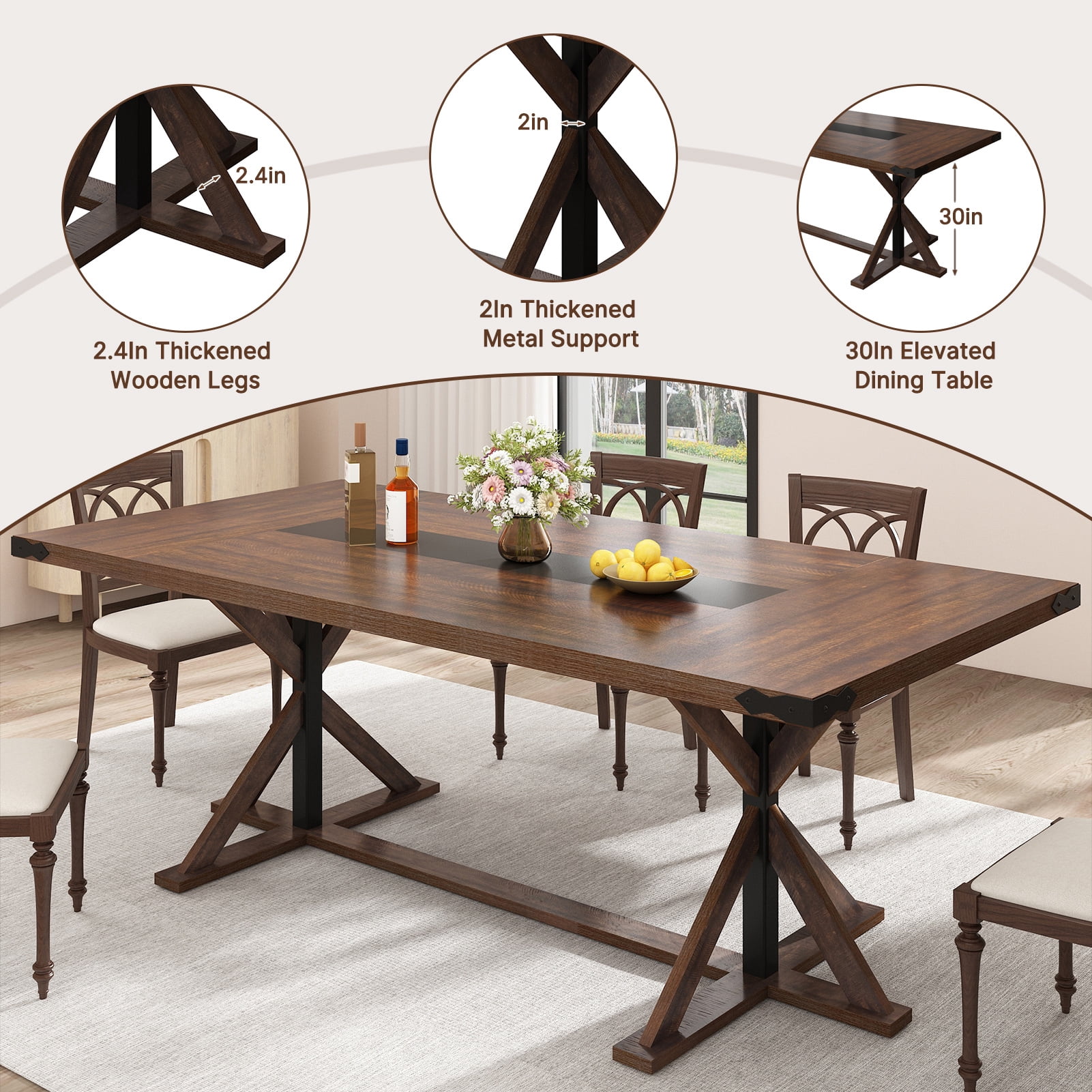 Blotout 79" Modern Farmhouse Dining Table for 8-10 People, Rectangular Wood Dining Table with Wood Strip Base, Long Kitchen Table for Dining Room, Gathering, Kitchen (Brown)