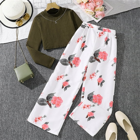 Dianli 2 Piece Outfits Girls Fashion Wide-Leg Blouse Loose Fit Long Sleeve Crew Neck Graphic Tops Simple Clothing Set Clothes for Girls 4-12 Lightning Army Green 8 Years